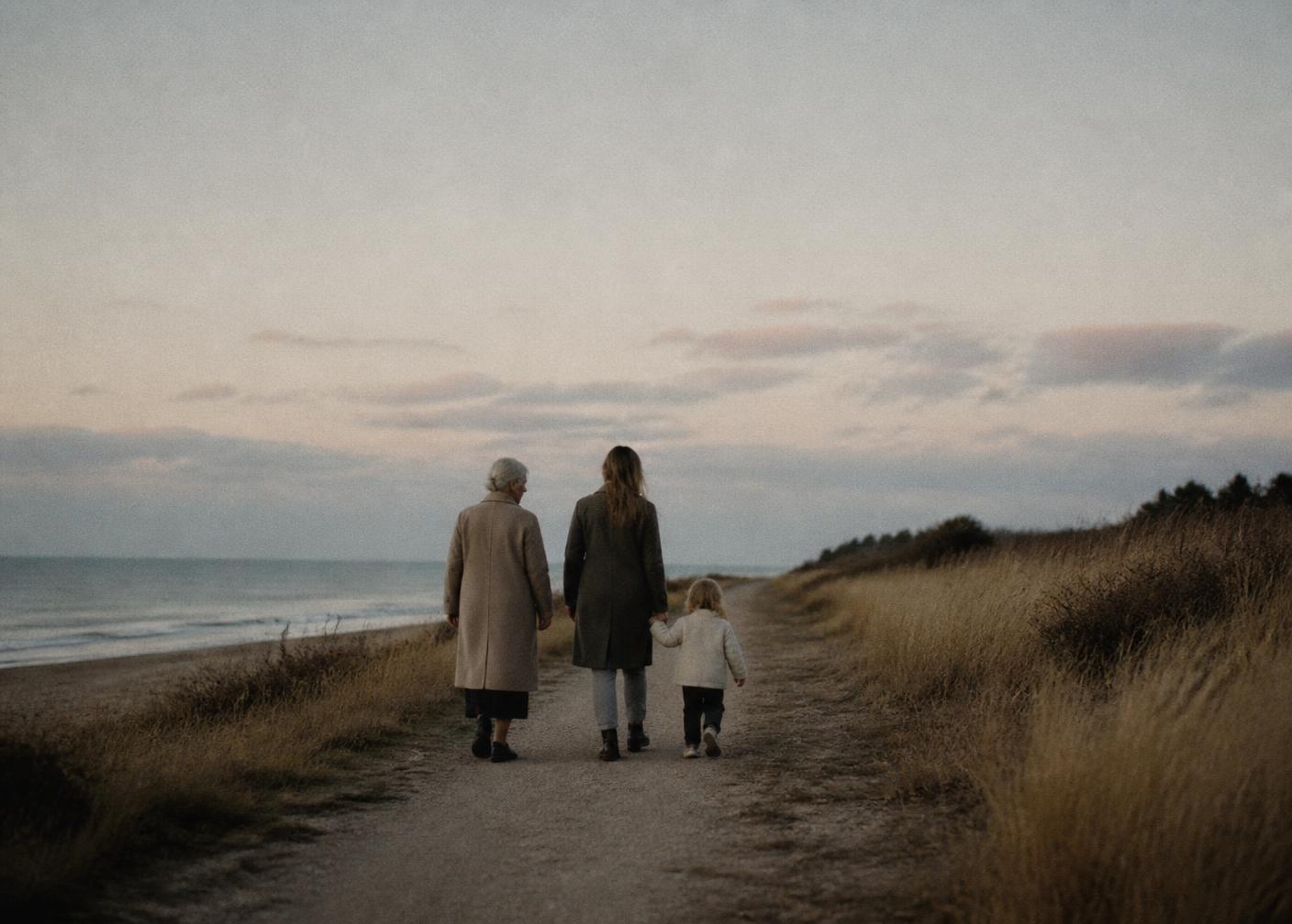 Three generations walking a quiet coastal path at dusk