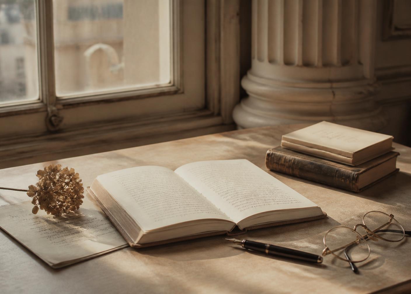 An open journal, fountain pen, reading glasses, and dried flower in warm window light