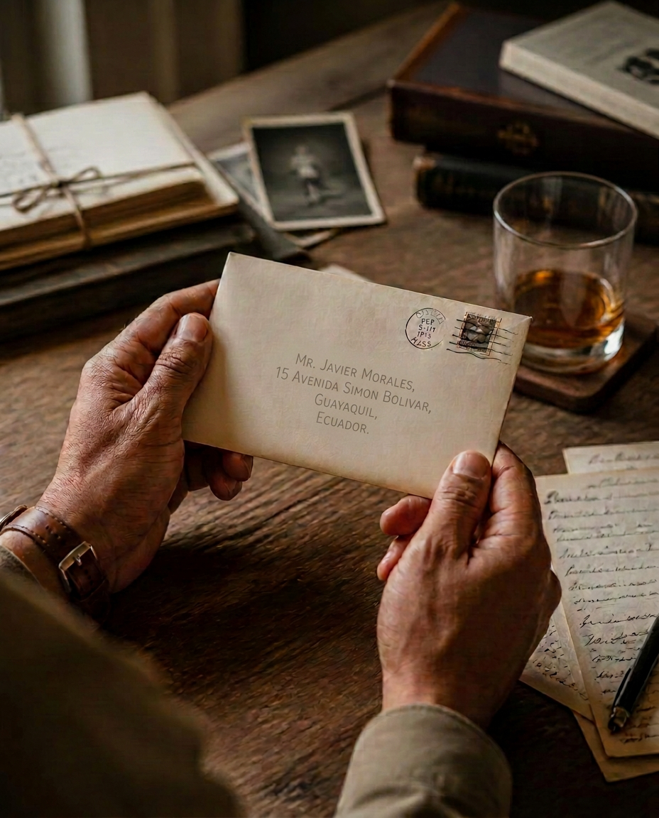 Hands holding a handwritten envelope over a wooden table