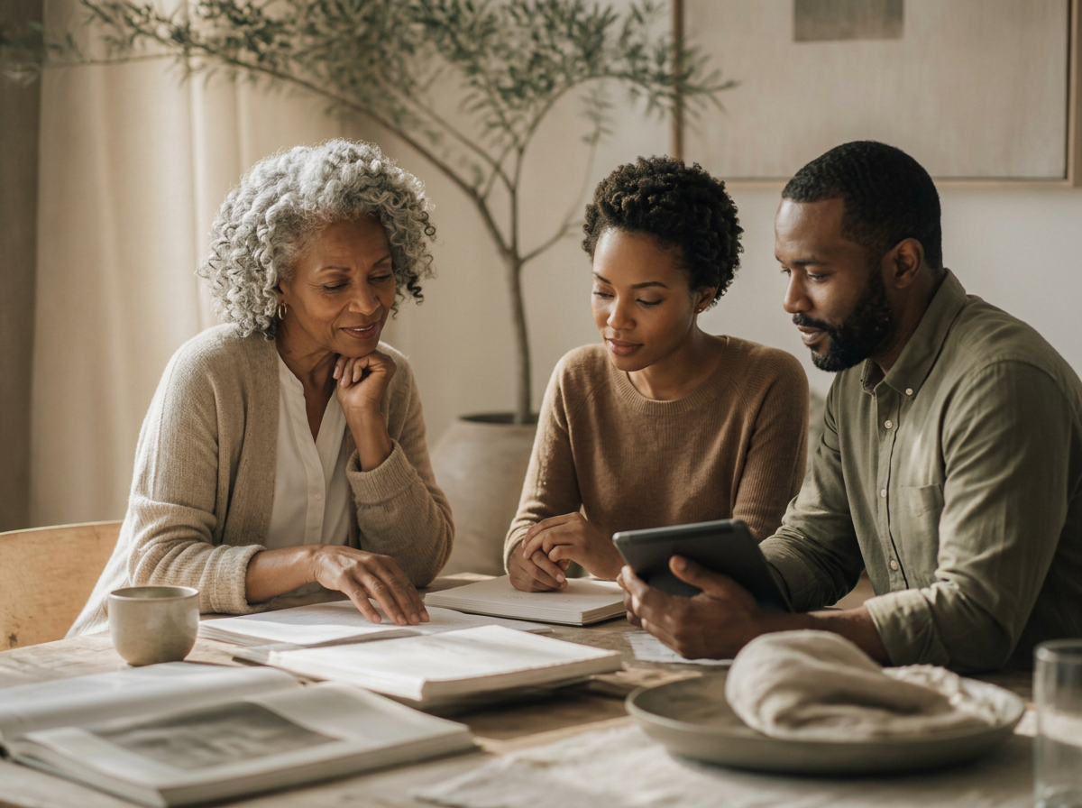 A small group of mixed ages and genders gathered around a table reviewing papers and a notebook in warm afternoon light